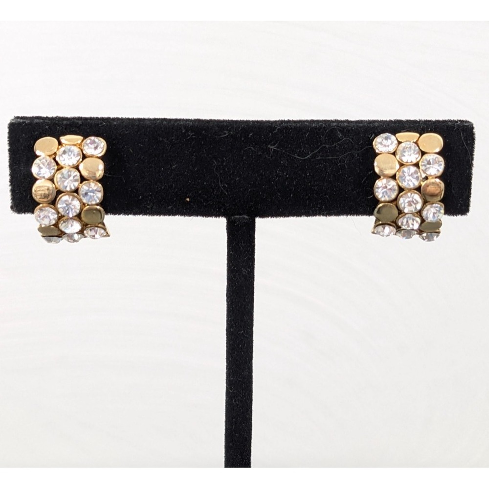 Retro Gold Tone Rhinestone Circle Modernist Pave‎ Huggie Clip On Earrings